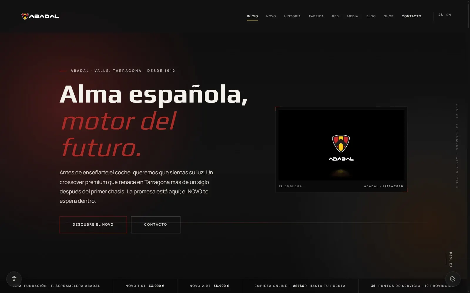 Homepage of the Abadal website, a historic car brand